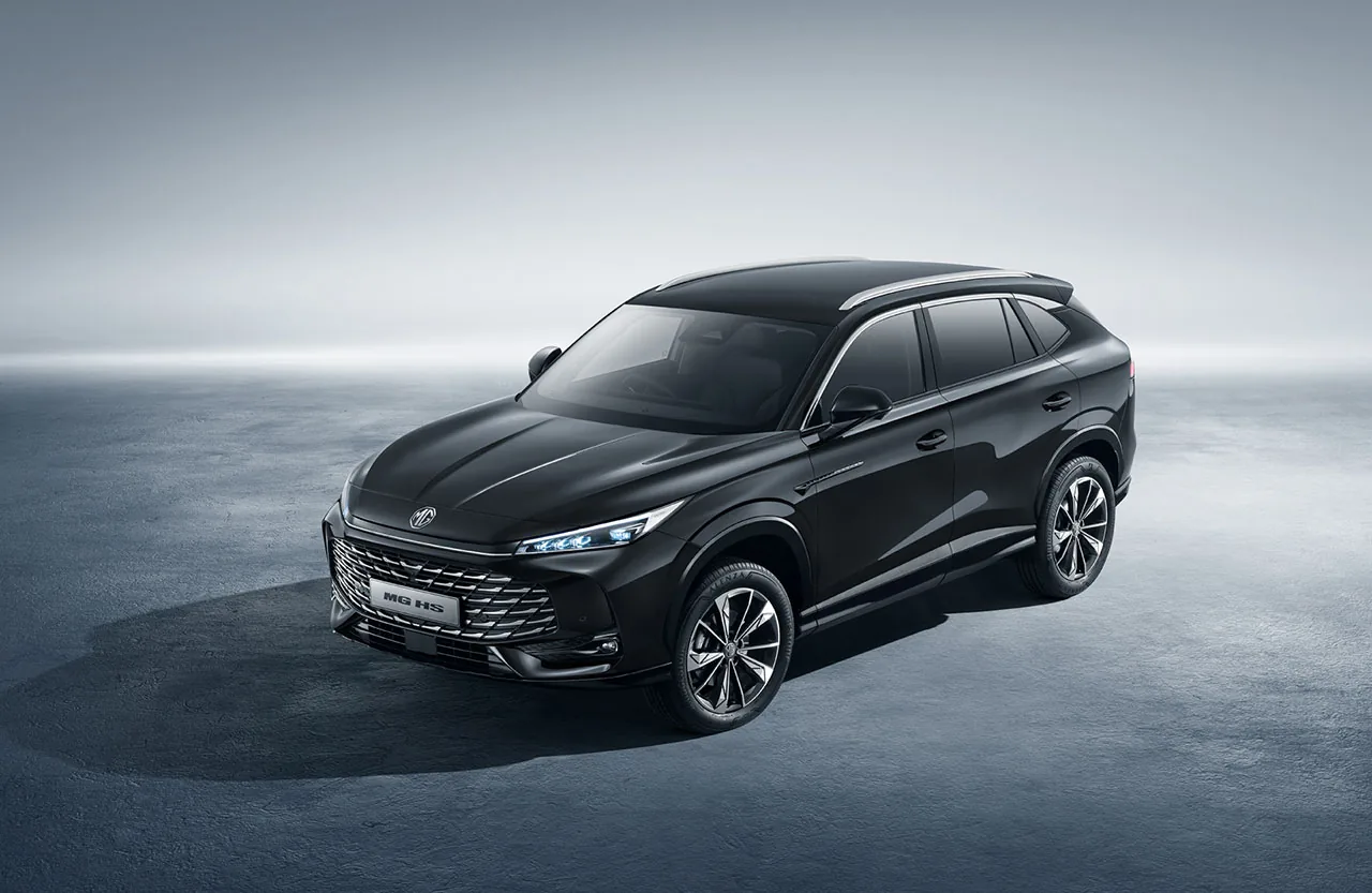 A black MG HS SUV in a studio setting
