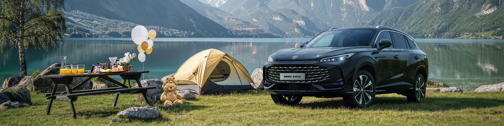 Launch visual: an MG HS parked beside a lakeside campsite